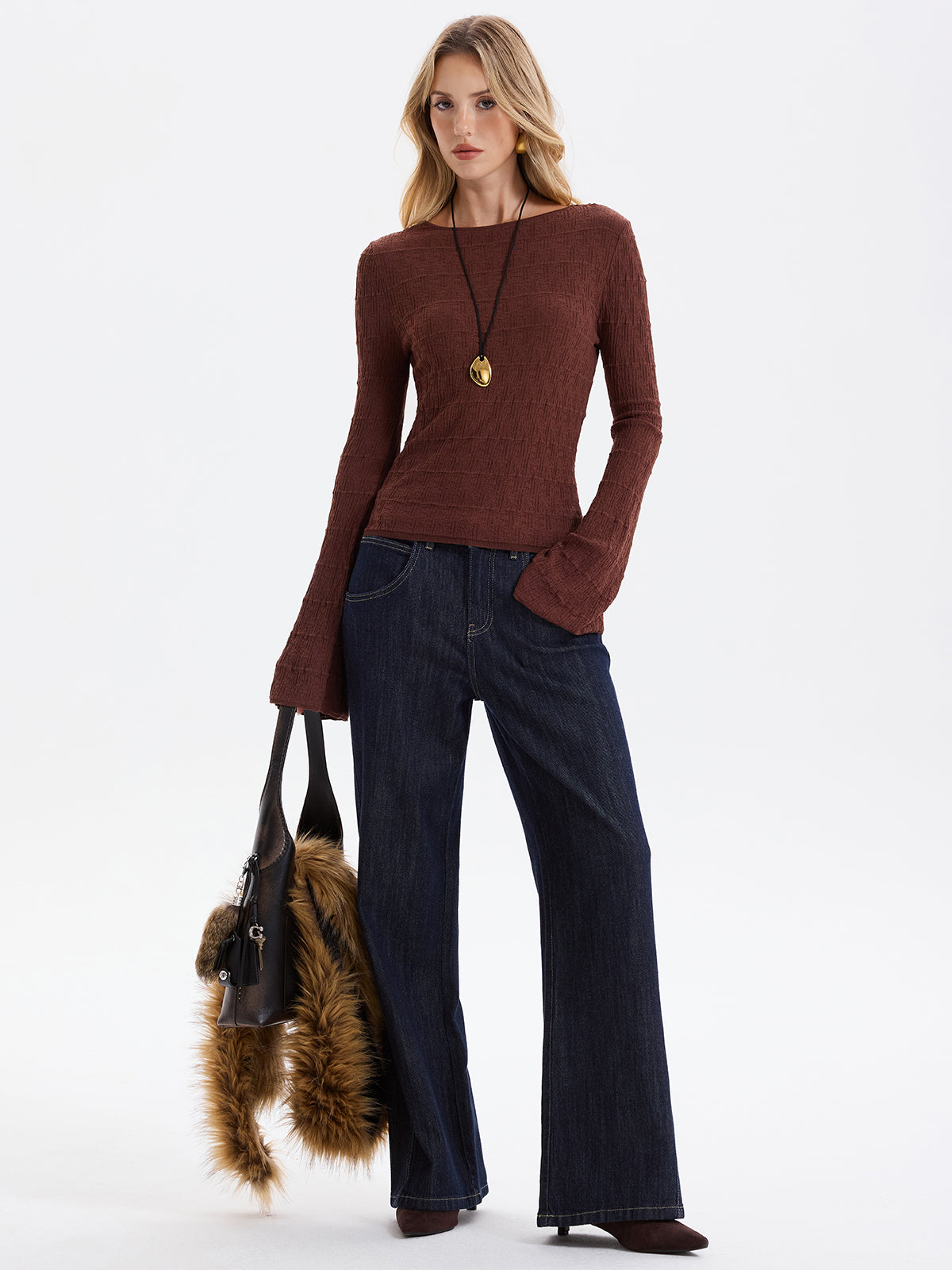 Flared Sleeve Textured Knit Pullover Top-Chicvia