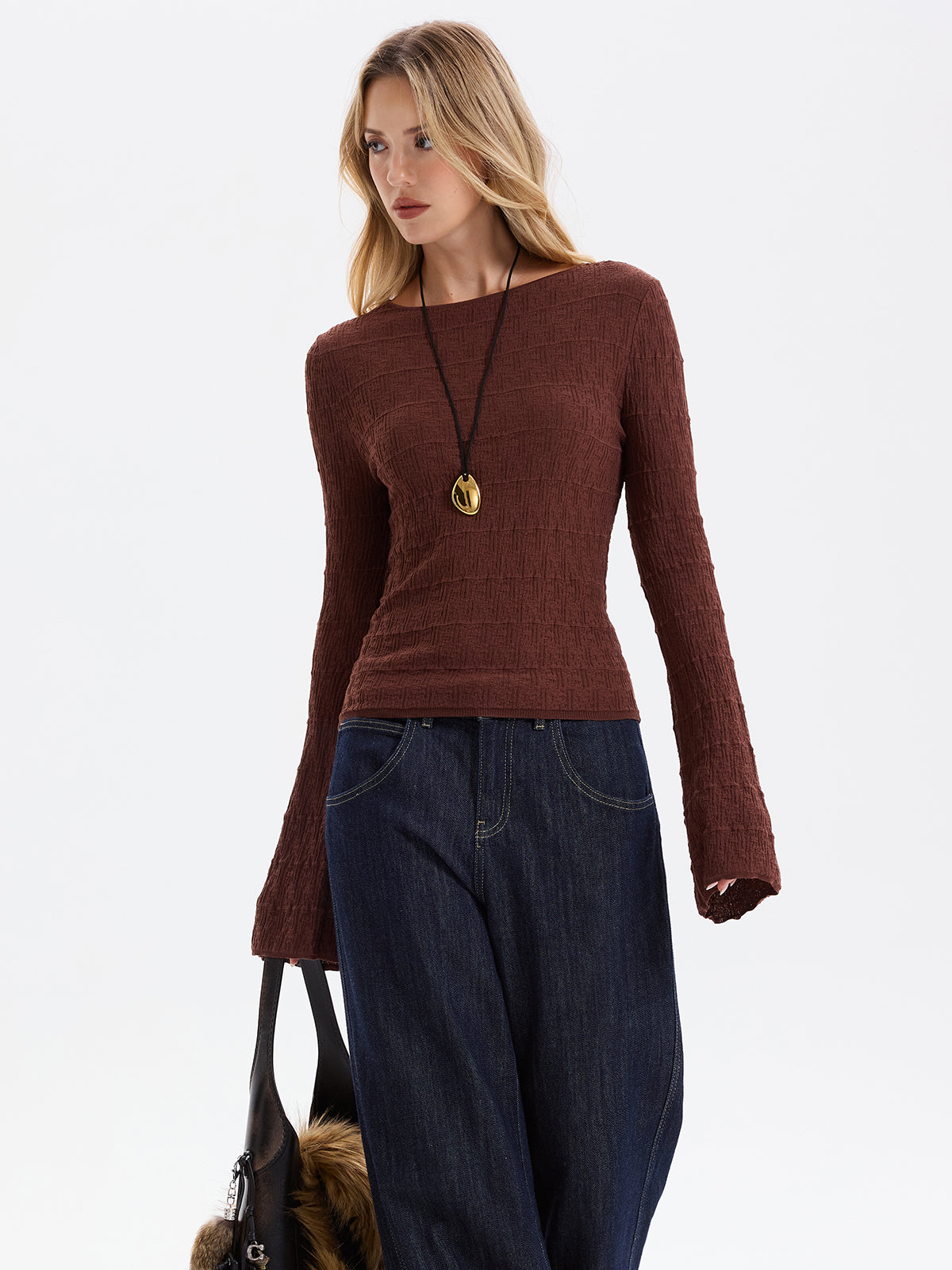 Flared Sleeve Textured Knit Pullover Top-Chicvia