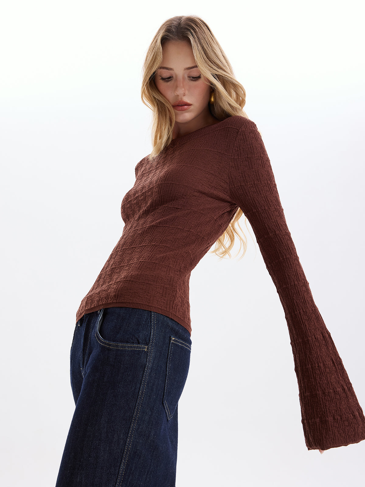 Flared Sleeve Textured Knit Pullover Top-Chicvia