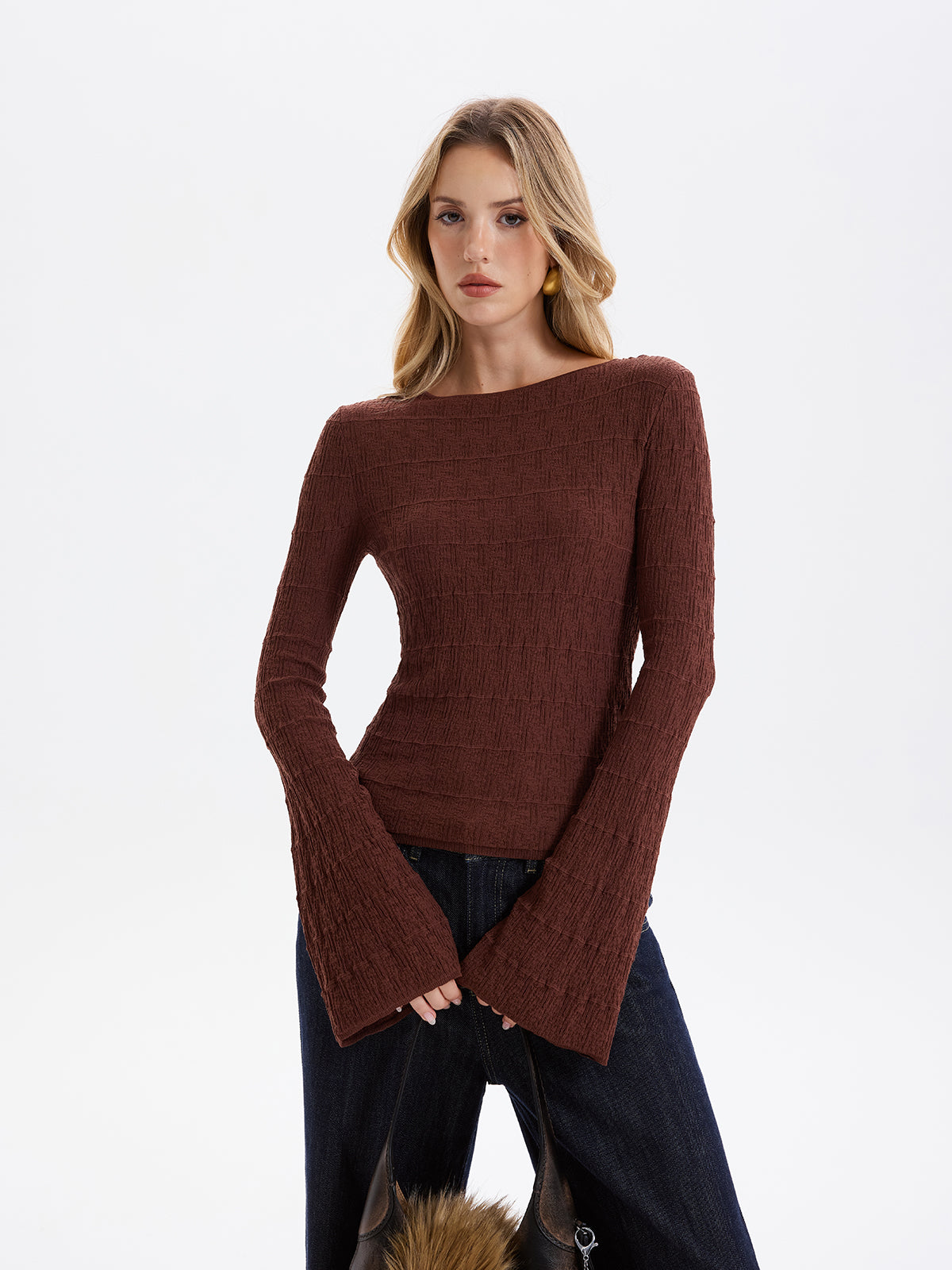 Flared Sleeve Textured Knit Pullover Top-Chicvia