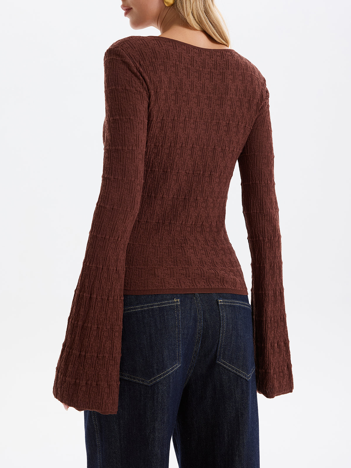 Flared Sleeve Textured Knit Pullover Top-Chicvia