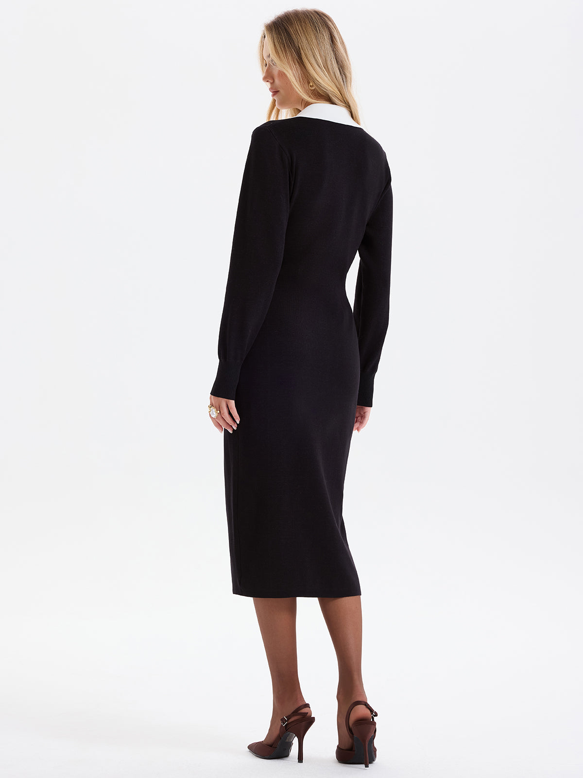 Contrast Trim Decor Pockets Split Hem Shirt Dress-Chicvia