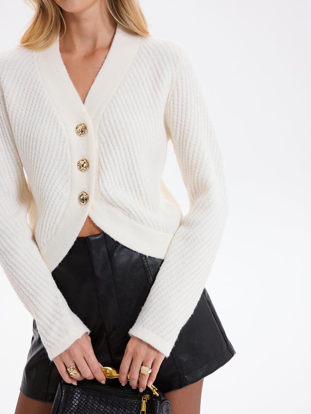 Curved Hem Knit Cardigan with Metal Buttons-Chicvia