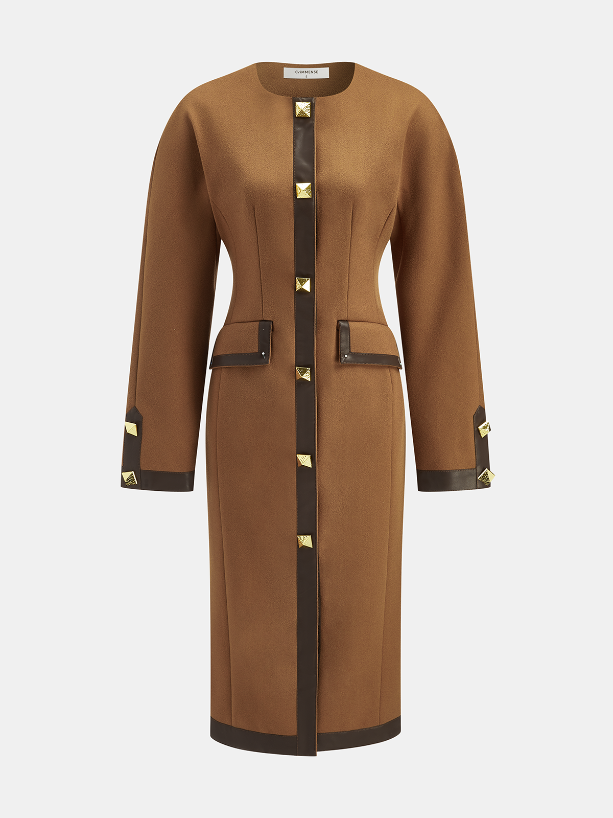 Faux Leather Trim Tweed Long Coat-Chicvia