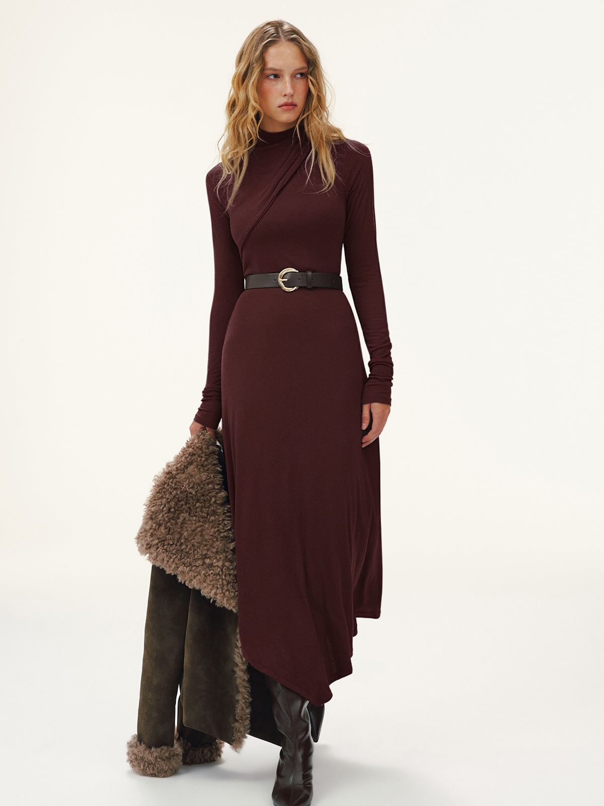 Belted Turtleneck Asymmetric Maxi Dress-Chicvia