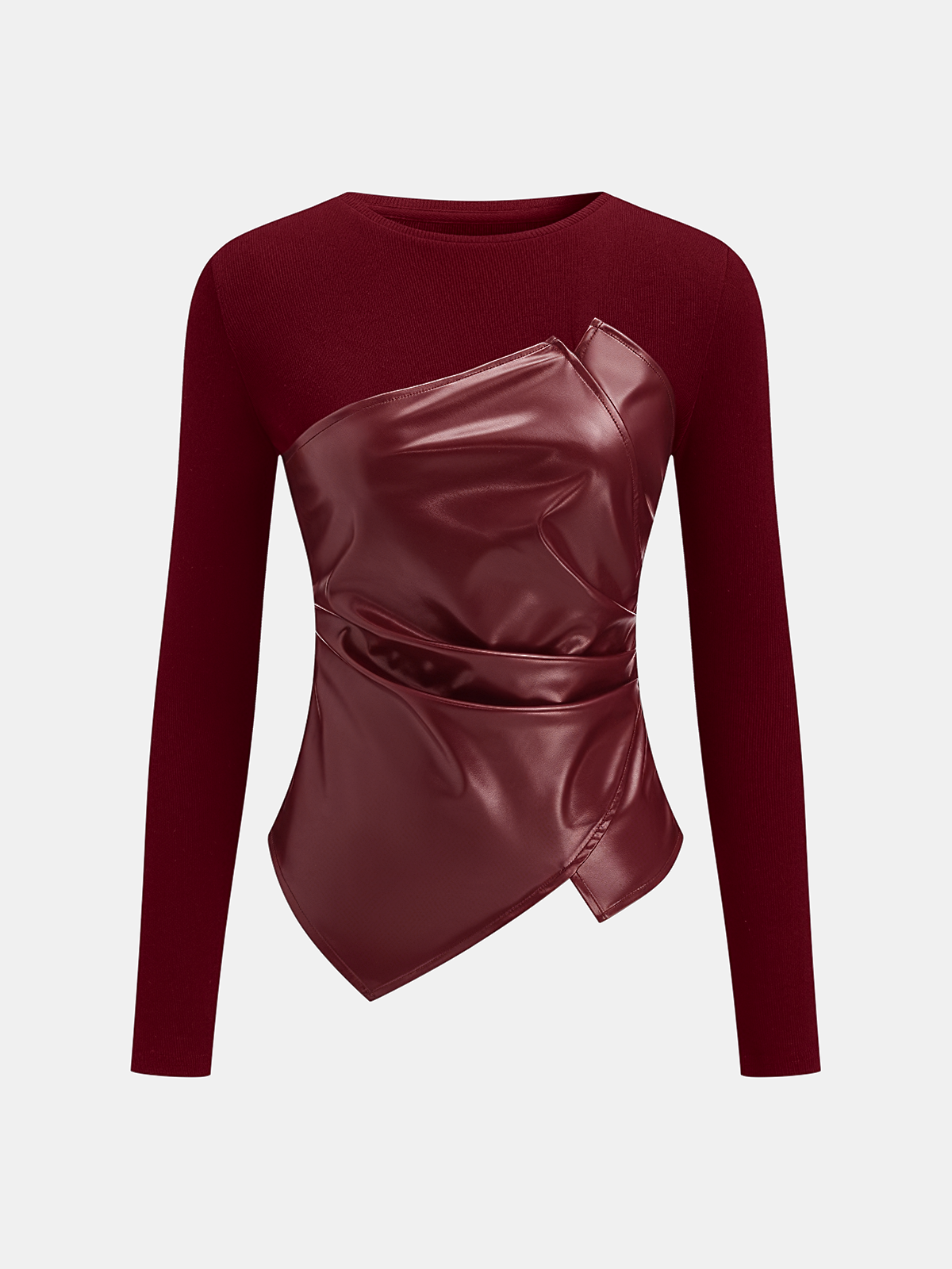 Faux Leather Panel Asymmetric Knit Top-Chicvia