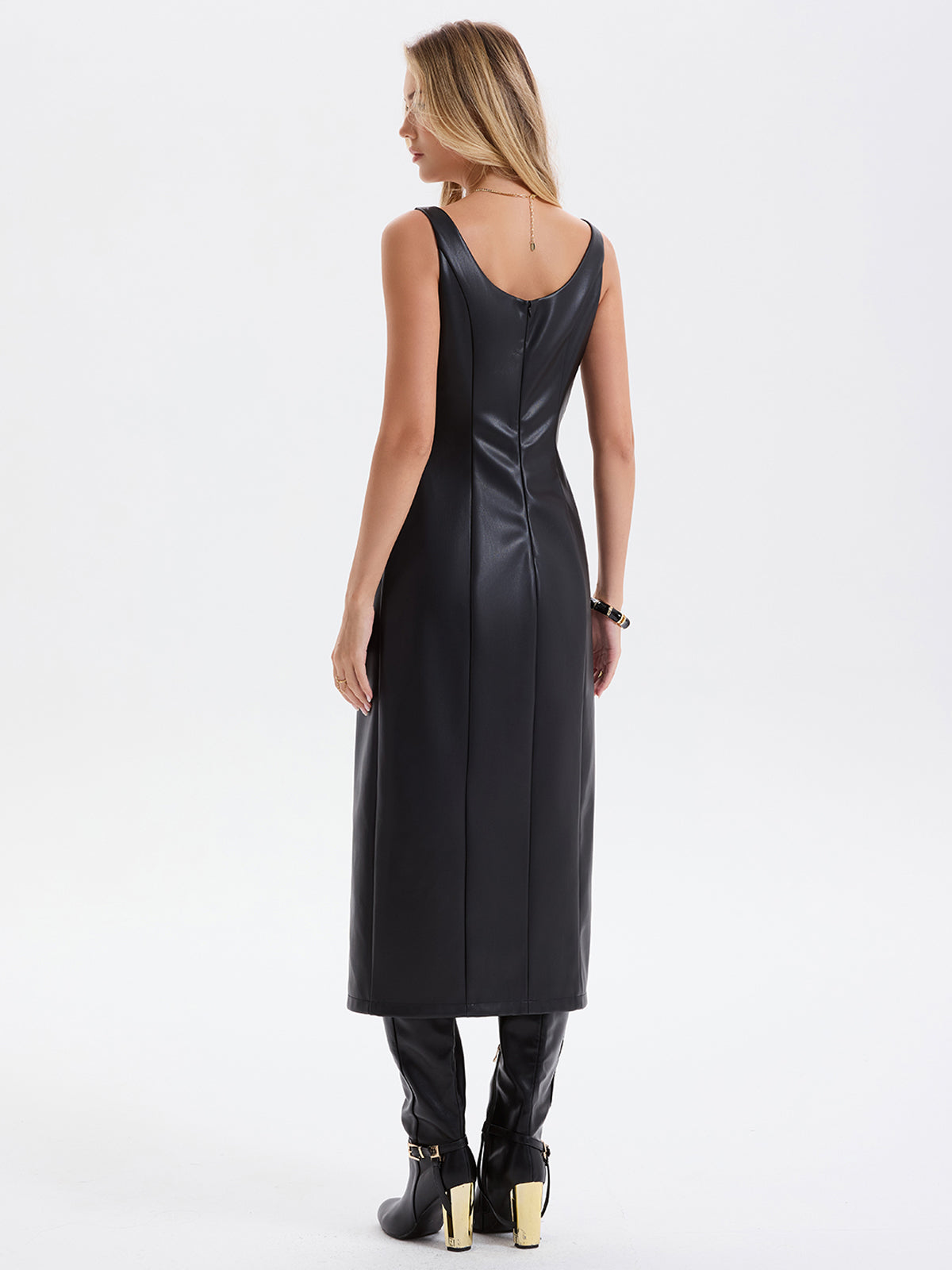 Faux Leather Sleeveless Asymmetrical Slit Midi Dress-Chicvia
