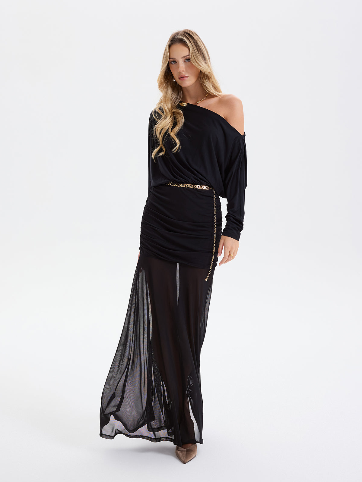 Mesh Panel Off-Shoulder Ruched Maxi Dress without Belt-Chicvia