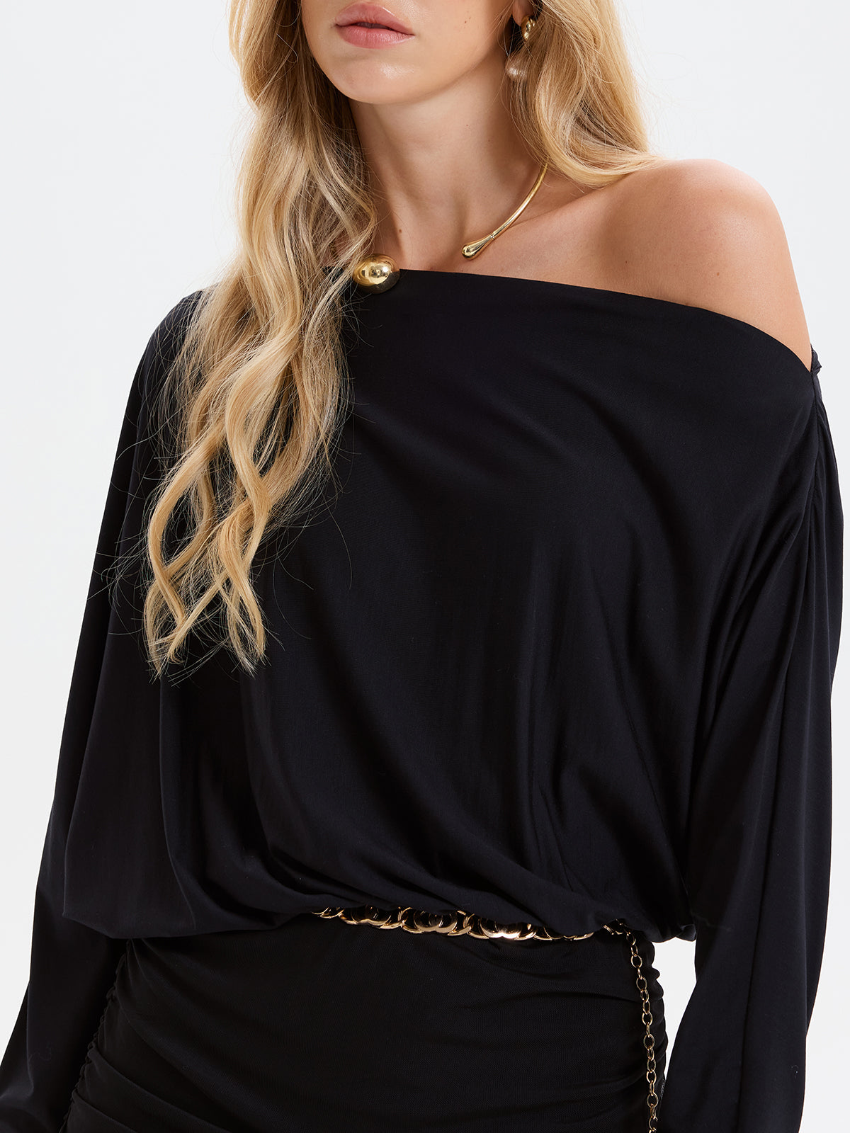 Mesh Panel Off-Shoulder Ruched Maxi Dress without Belt-Chicvia