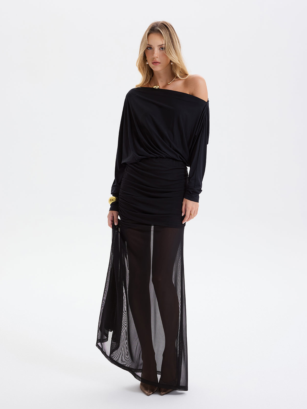 Mesh Panel Off-Shoulder Ruched Maxi Dress without Belt-Chicvia