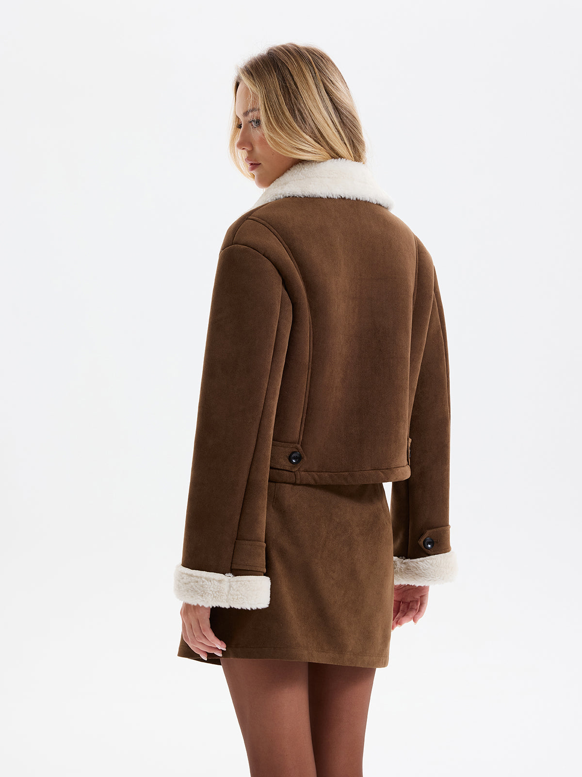 Fleece Lined Suede Effect Cropped Jacket-Chicvia