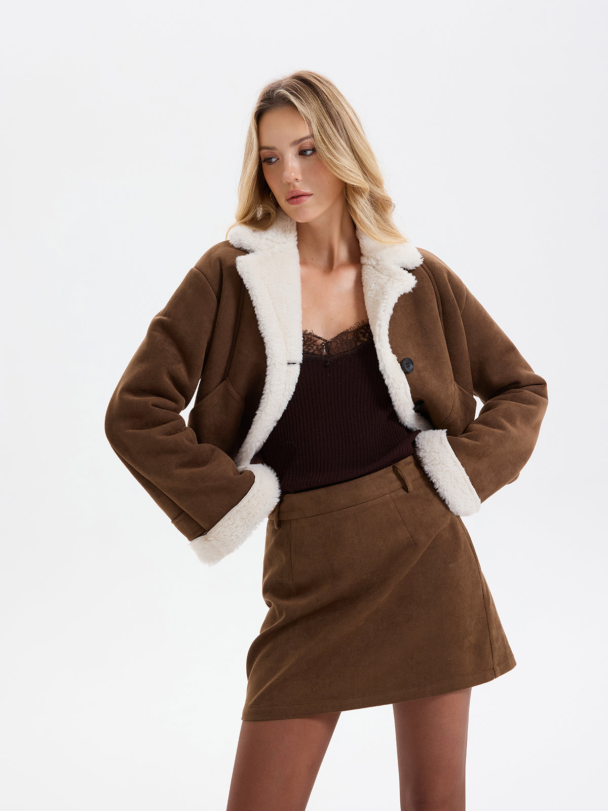 Fleece Lined Suede Effect Cropped Jacket-Chicvia