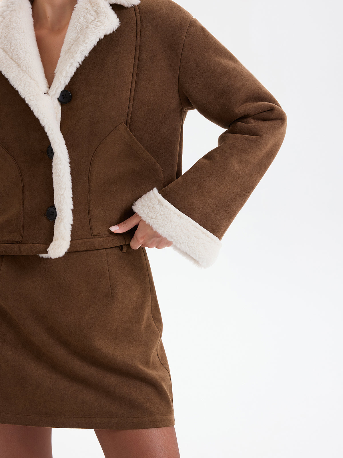 Fleece Lined Suede Effect Cropped Jacket-Chicvia