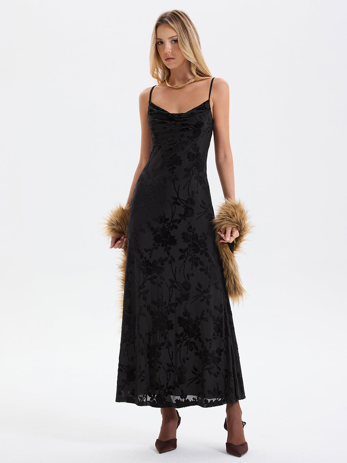 Cami Flocked Floral Mesh Maxi Dress-Chicvia