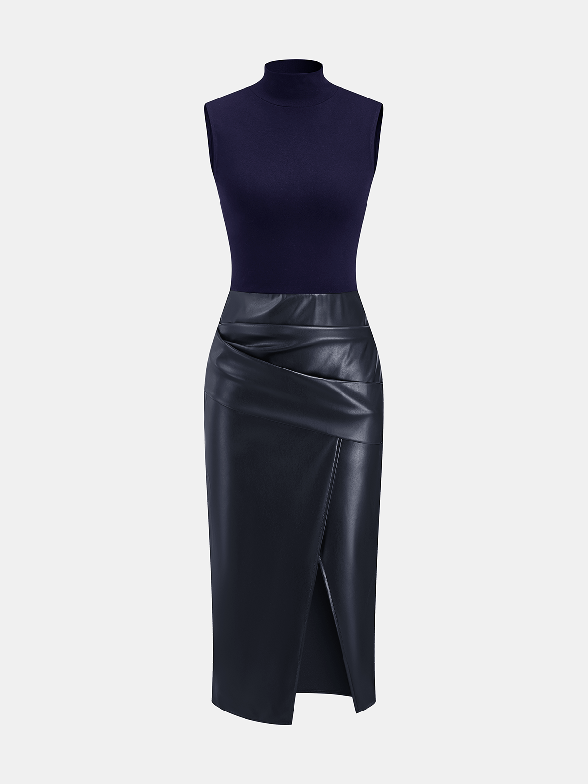 Faux Leather Panel Mock Neck Sleeveless Dress-Chicvia