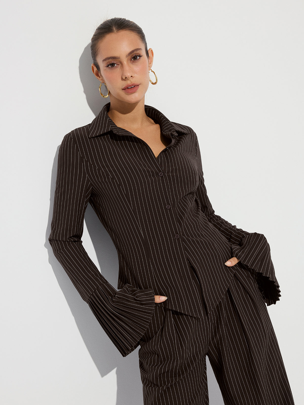 Flared Cuff Striped Shirt-Chicvia