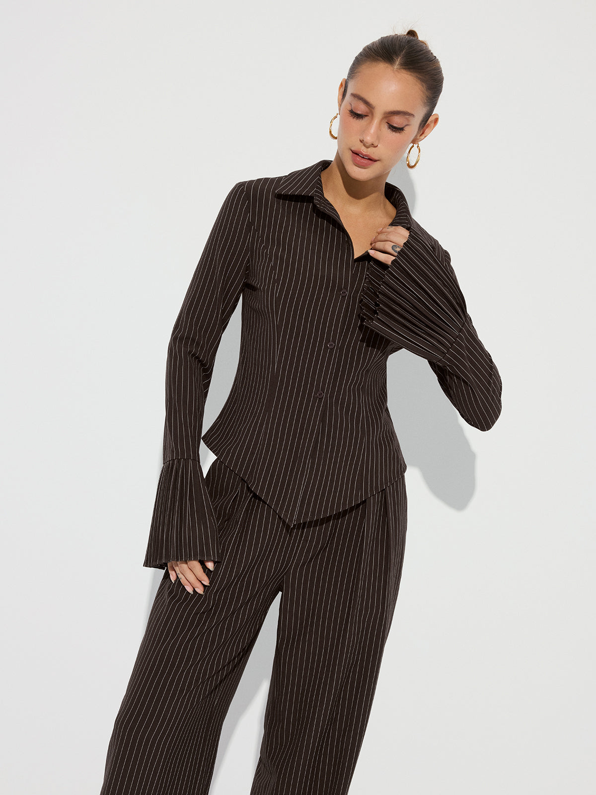 Flared Cuff Striped Shirt-Chicvia
