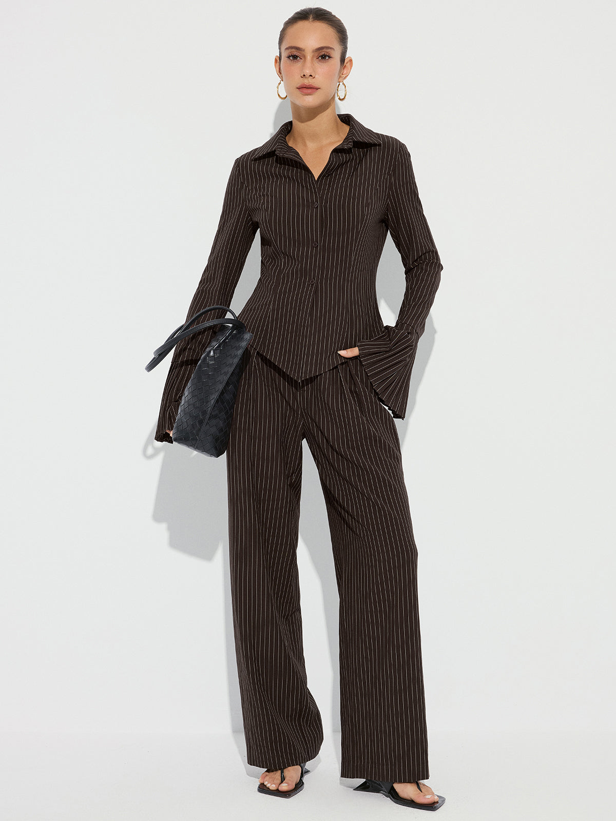 Flared Cuff Striped Shirt-Chicvia