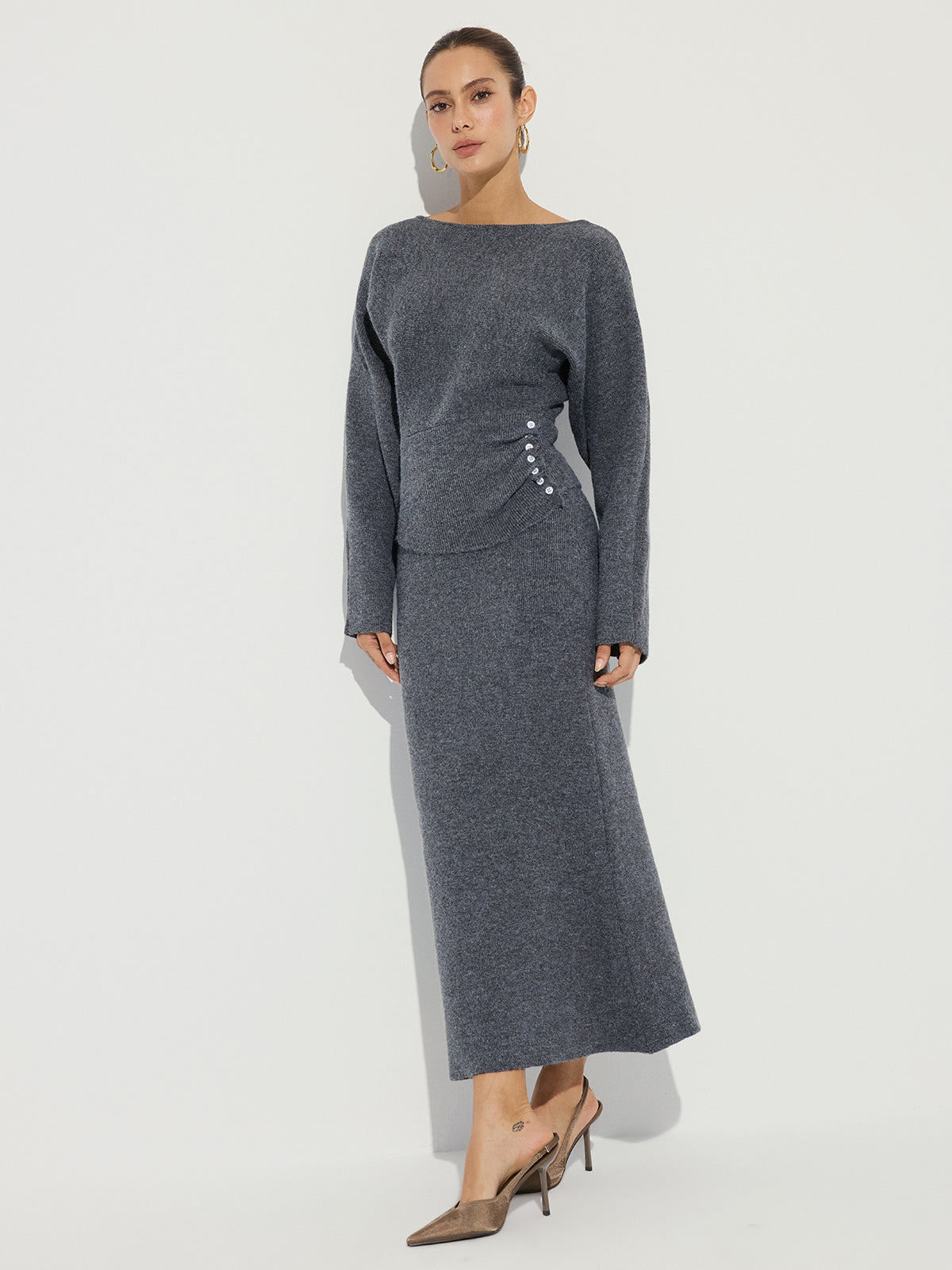 Knit Button Detail Top and Maxi Skirt Set-Chicvia