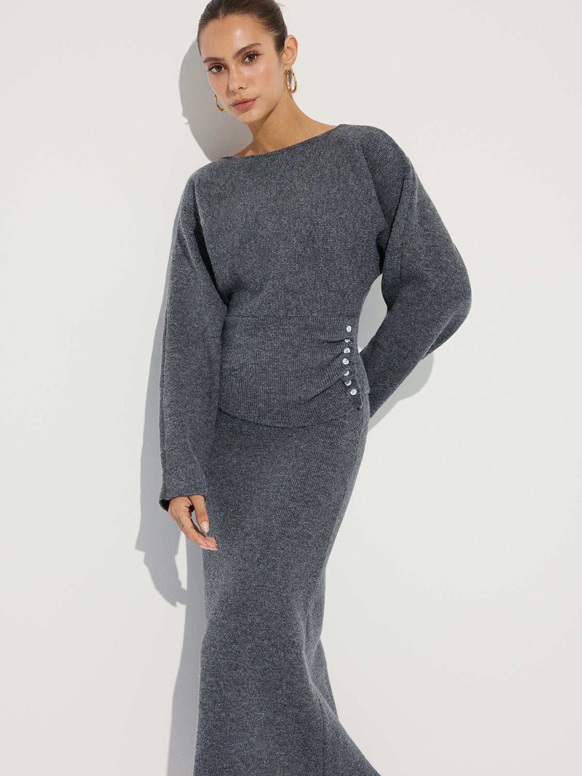 Knit Button Detail Top and Maxi Skirt Set-Chicvia