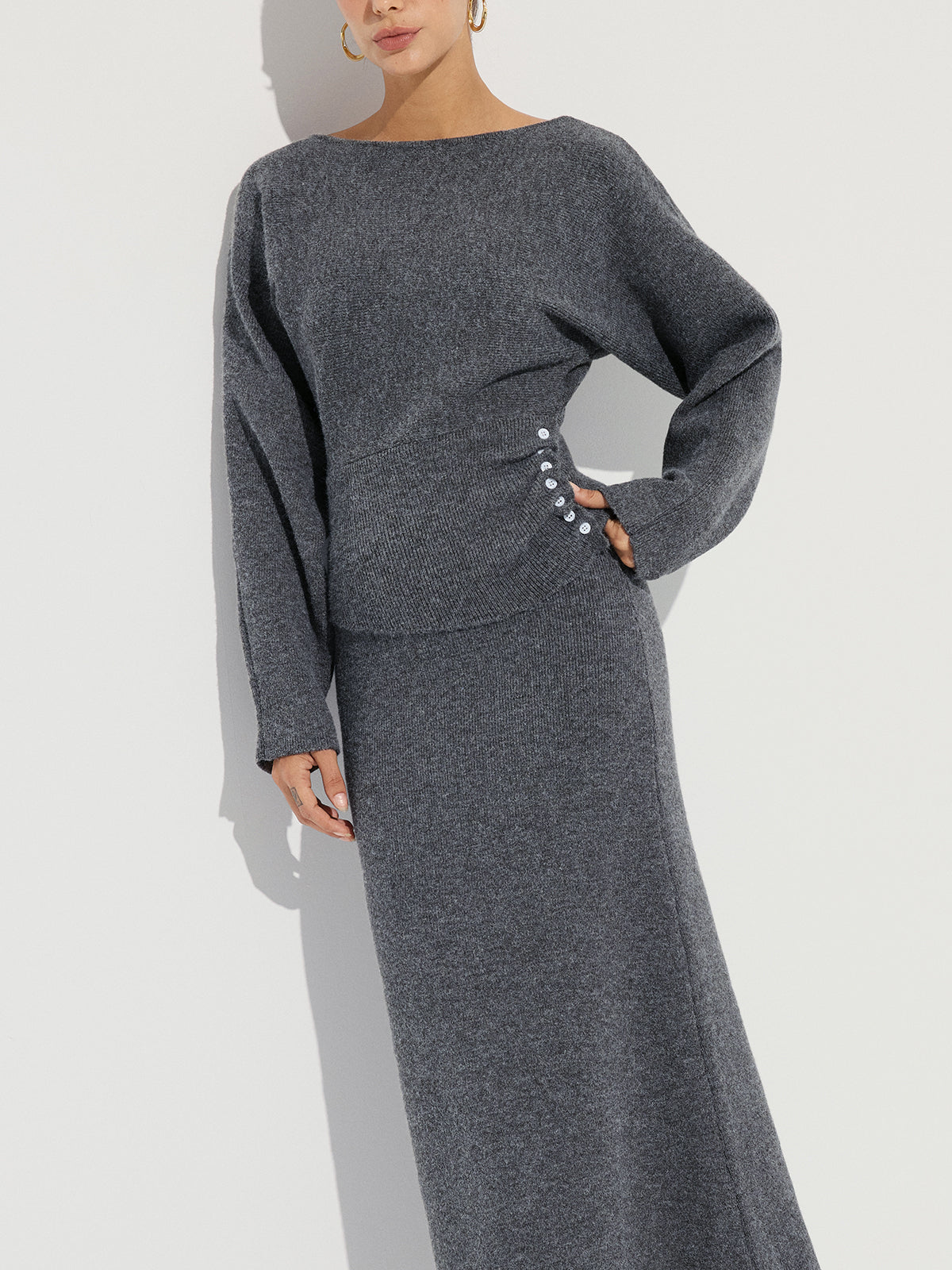 Knit Button Detail Top and Maxi Skirt Set-Chicvia