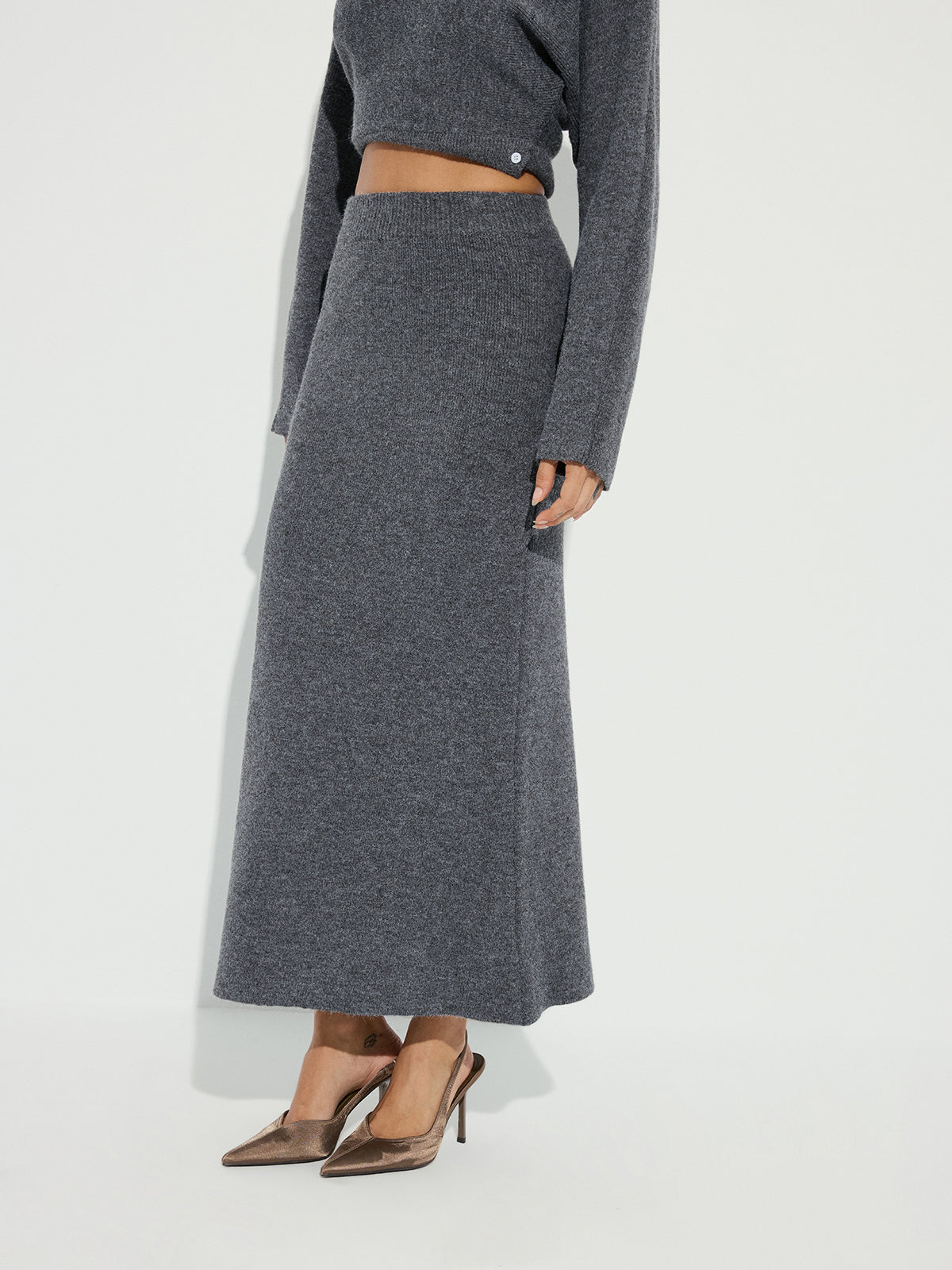 Knit Button Detail Top and Maxi Skirt Set-Chicvia
