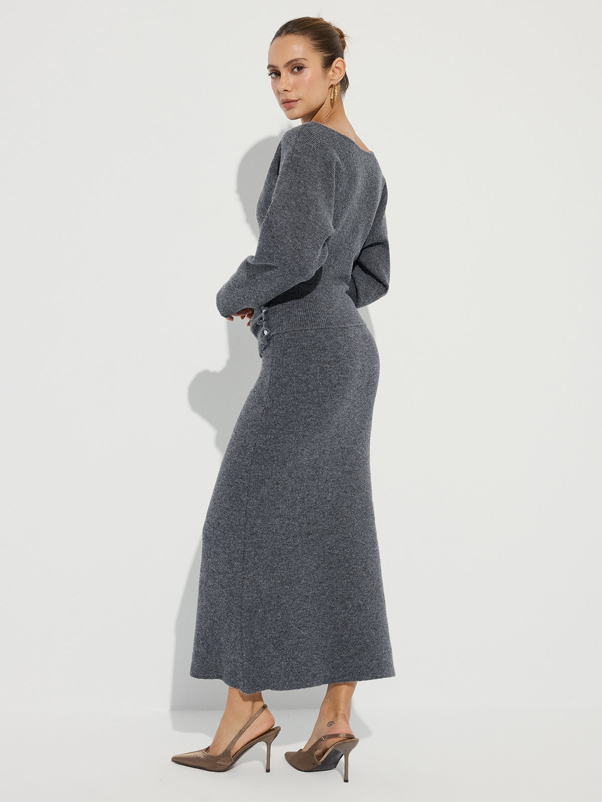 Knit Button Detail Top and Maxi Skirt Set-Chicvia