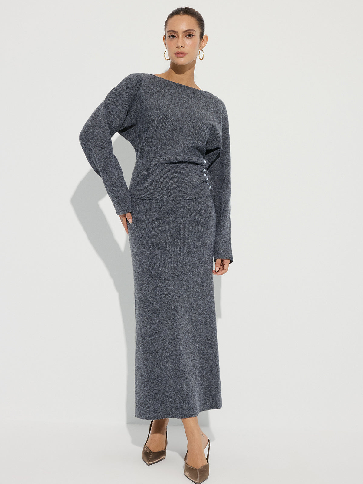 Knit Button Detail Top and Maxi Skirt Set-Chicvia