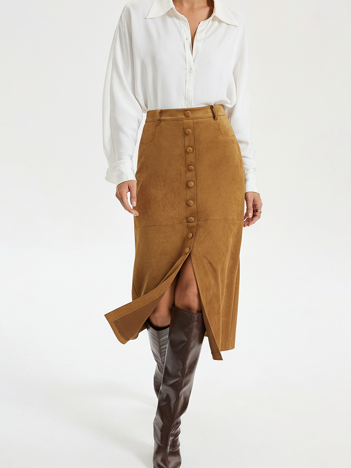 Decorative Button Suede Effect Slit Midi Skirt-Chicvia