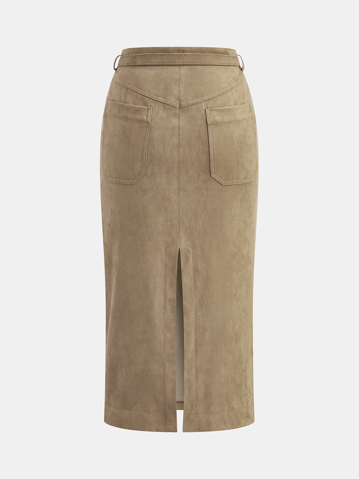 Belted Suede Midi Skirt-Chicvia