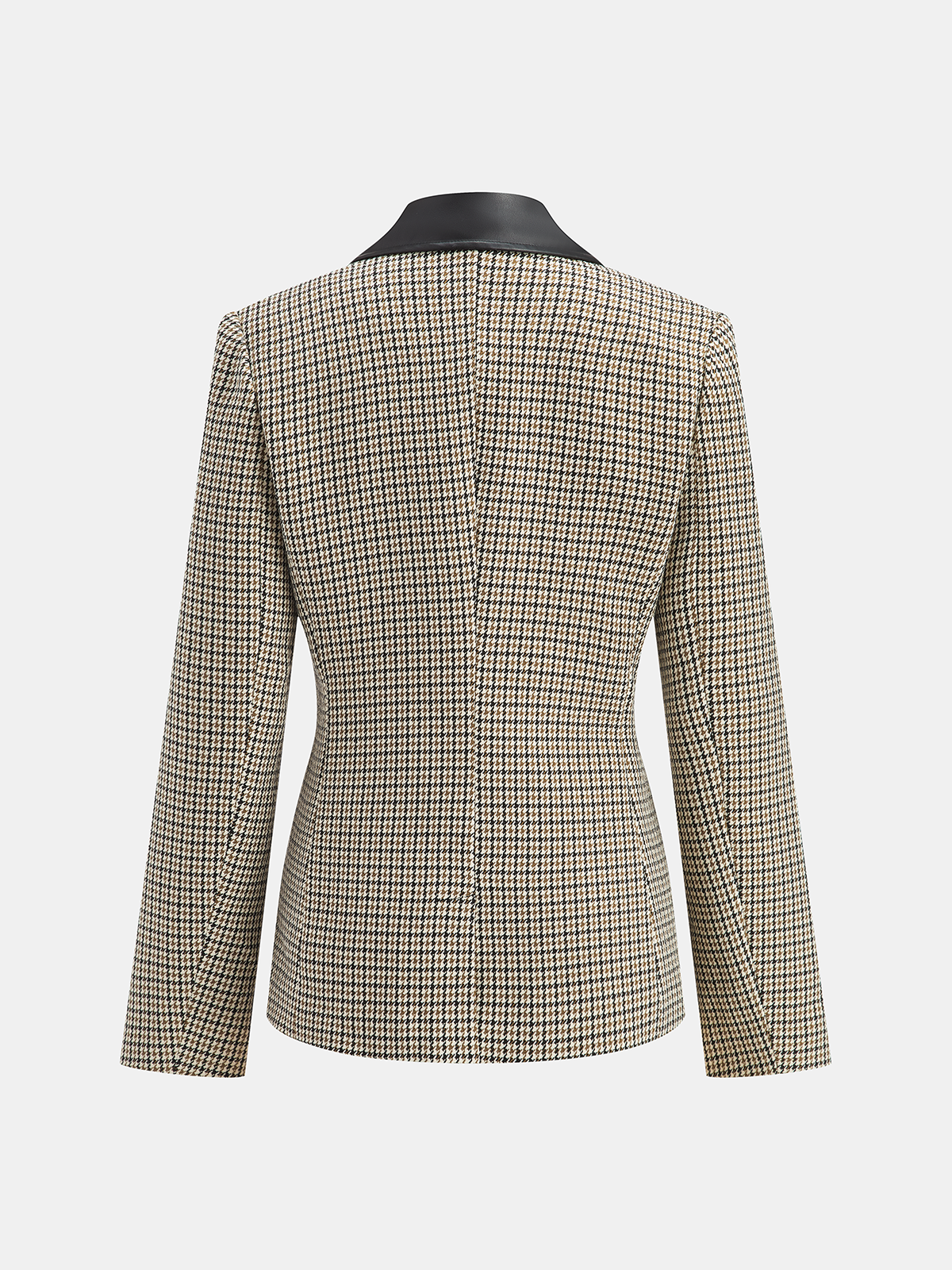 Faux Leather Collar Houndstooth Blazer-Chicvia