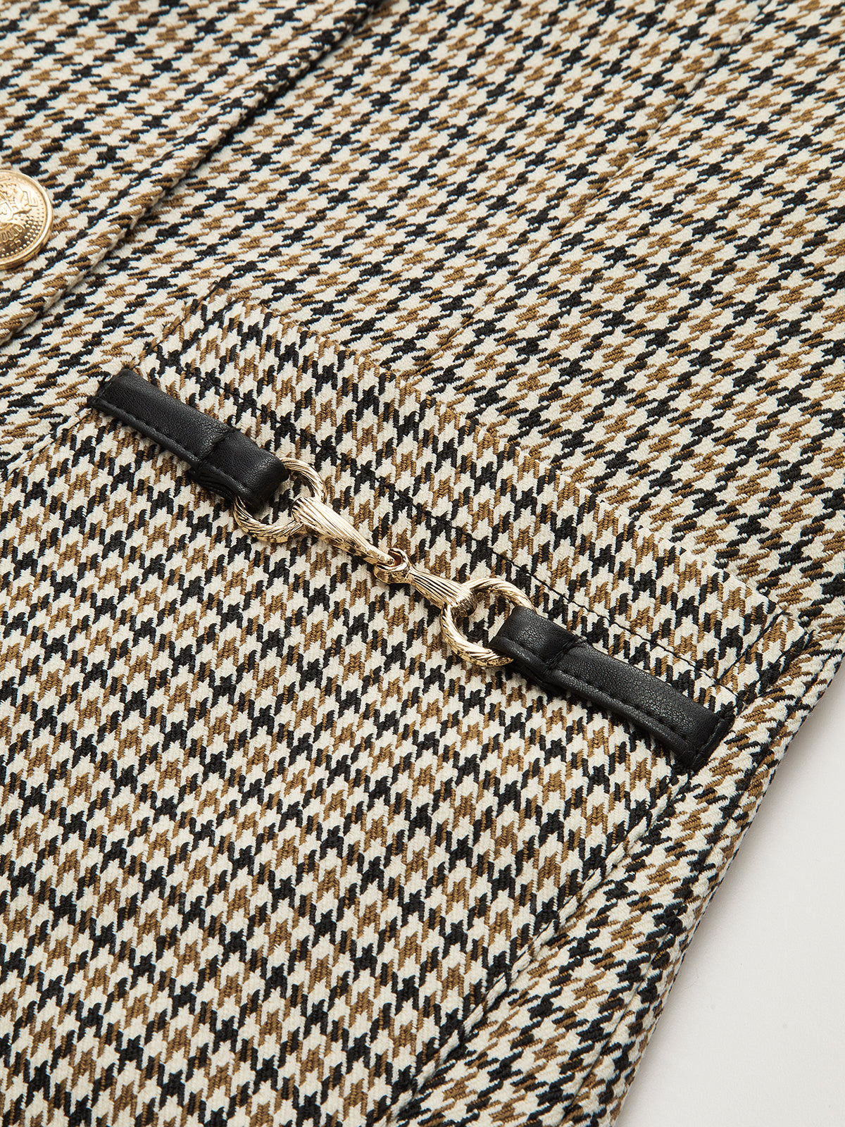 Faux Leather Collar Houndstooth Blazer-Chicvia