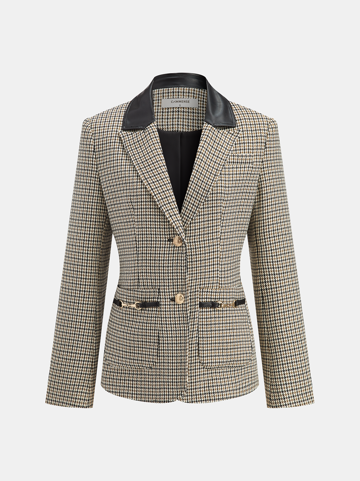 Faux Leather Collar Houndstooth Blazer-Chicvia