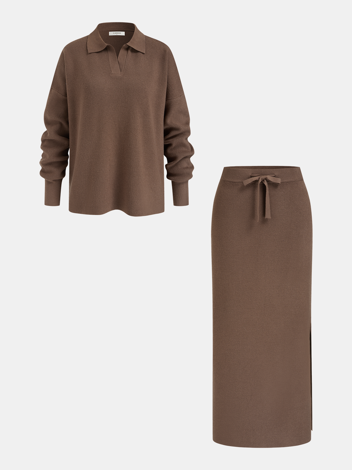 Polo-Neck Knit Top & Tie-Waist Midi Skirt Set-Chicvia