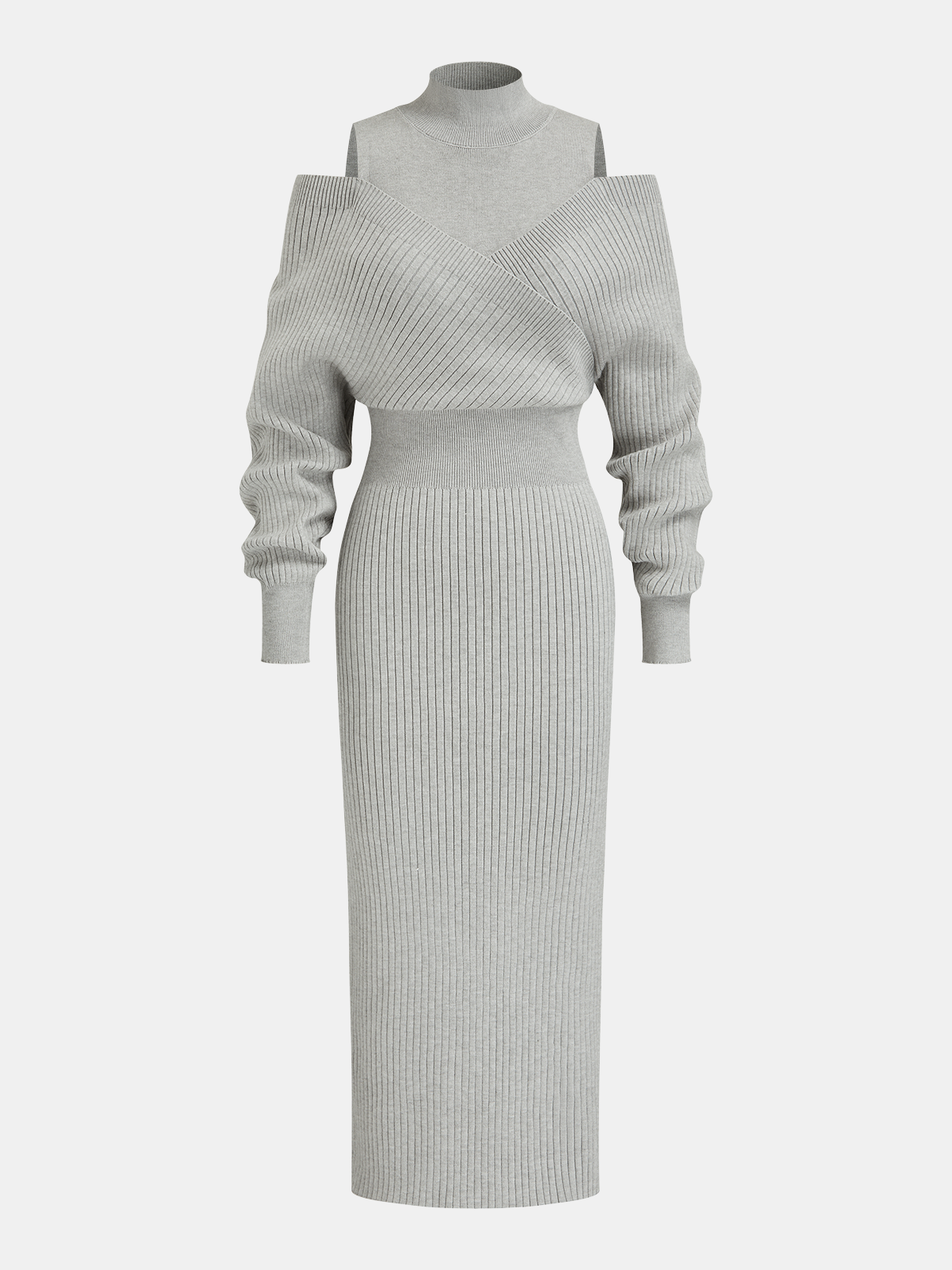 Off-Shoulder Waist-Defined Rib-Knit Midi Dress-Chicvia