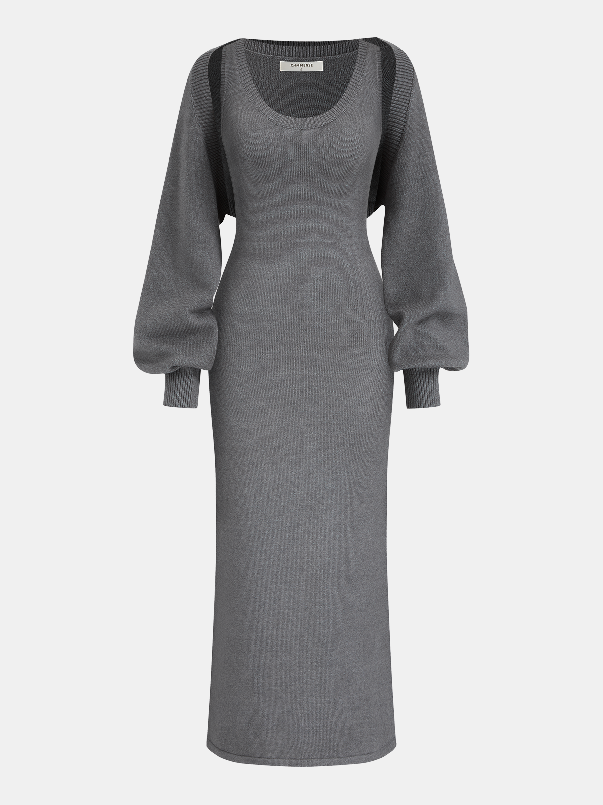 Layered Knit Maxi Dress Set with Balloon Sleeves-Chicvia