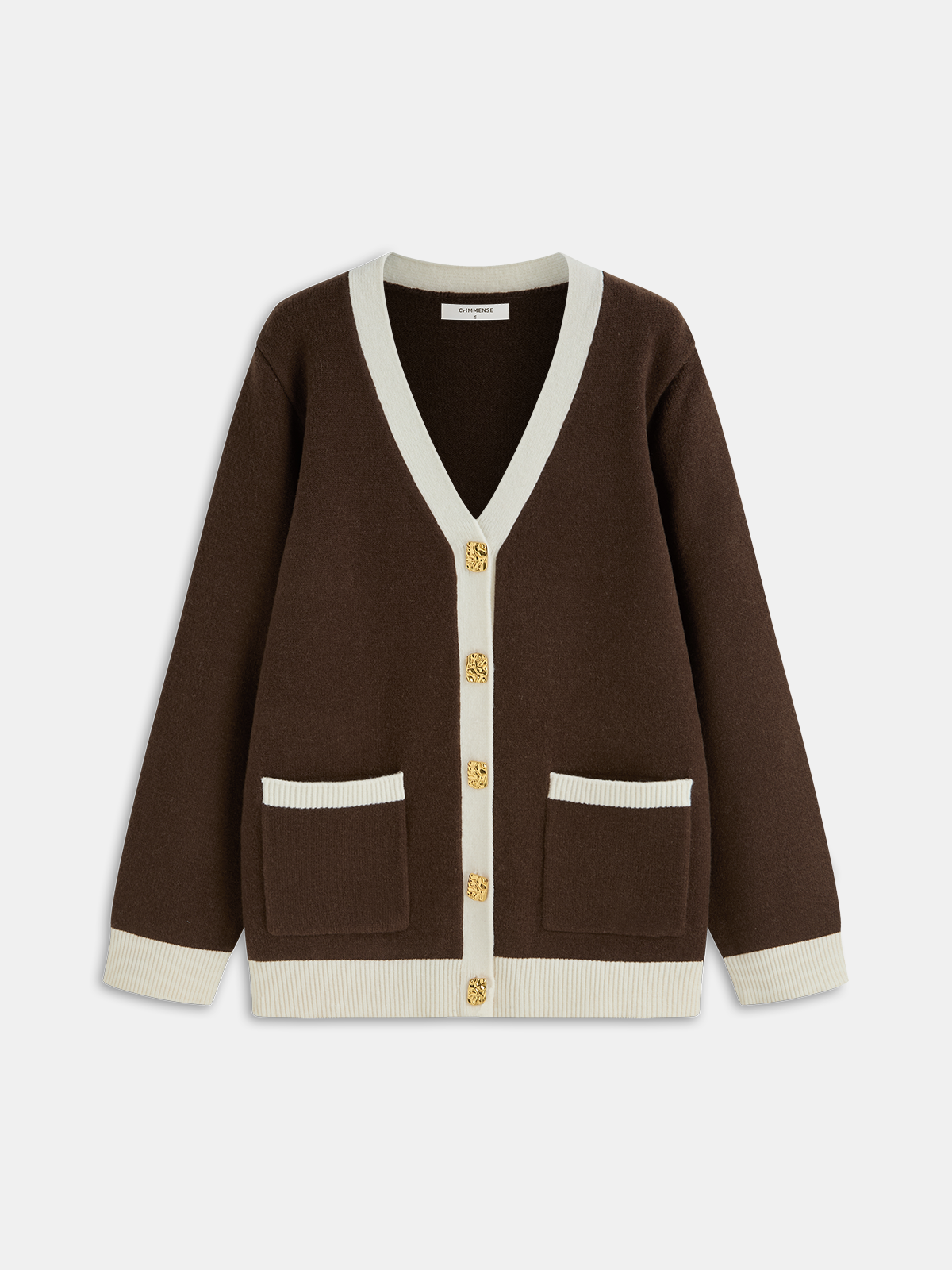 Contrast Trim Wool-Blend Cardigan with Metal Buttons-Chicvia