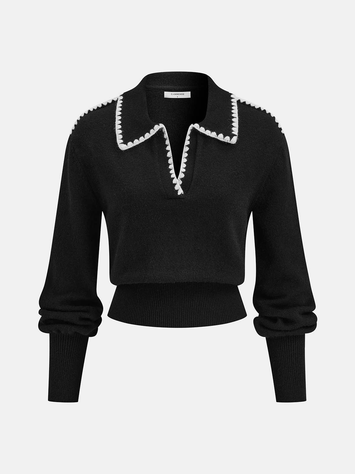 Contrast Embroidered Trim Polo Sweater-Chicvia
