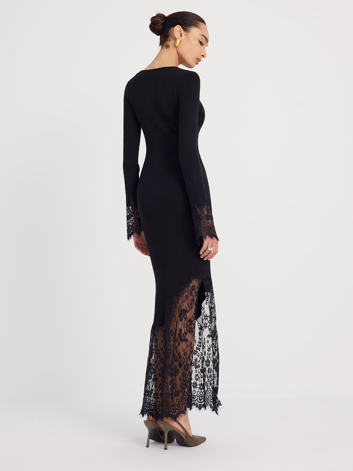 Lace-Trimmed Ribbed Knit Midi Dress-Chicvia
