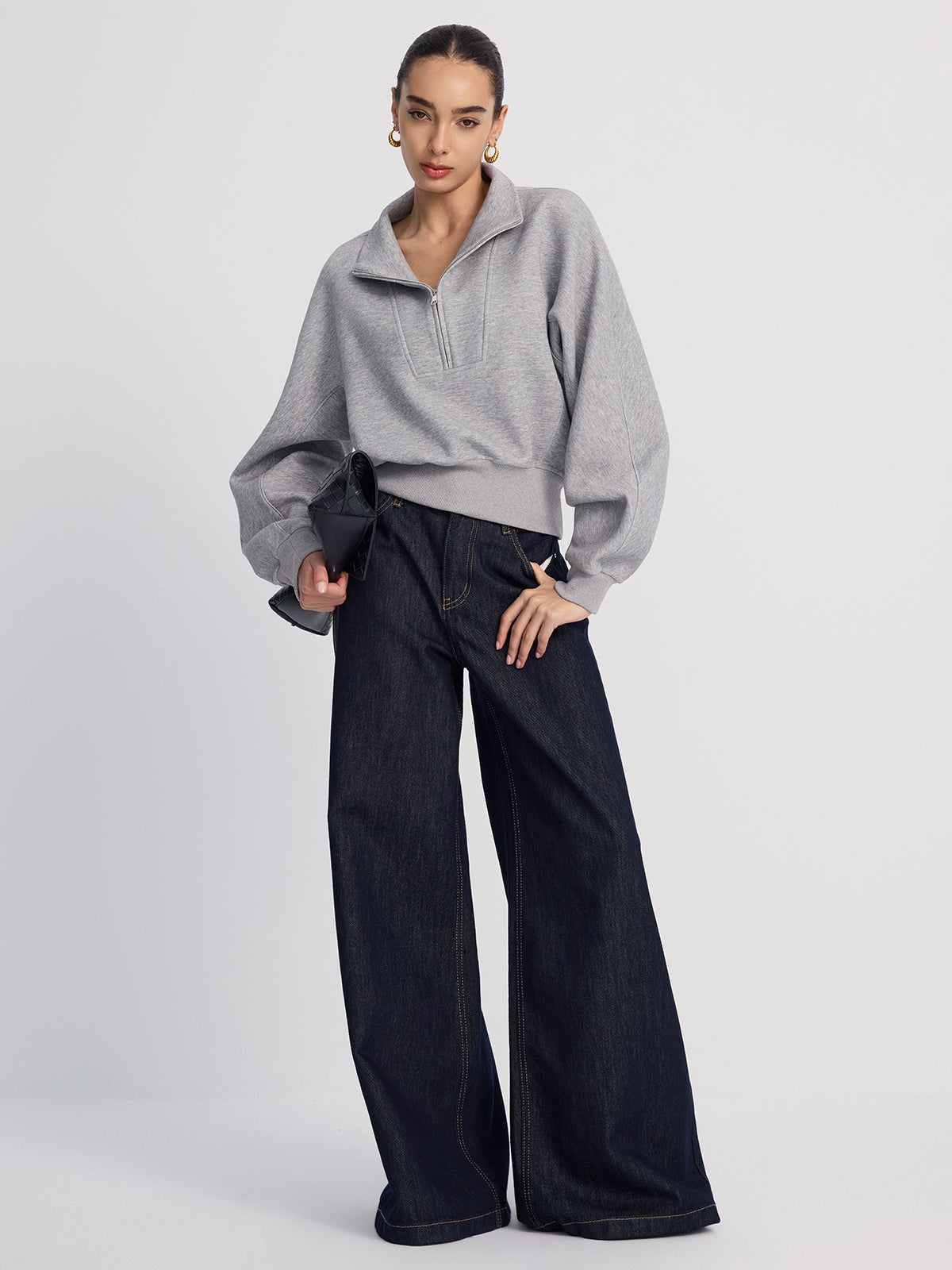 Half-Zip Oversized Cropped Sweatshirt-Chicvia