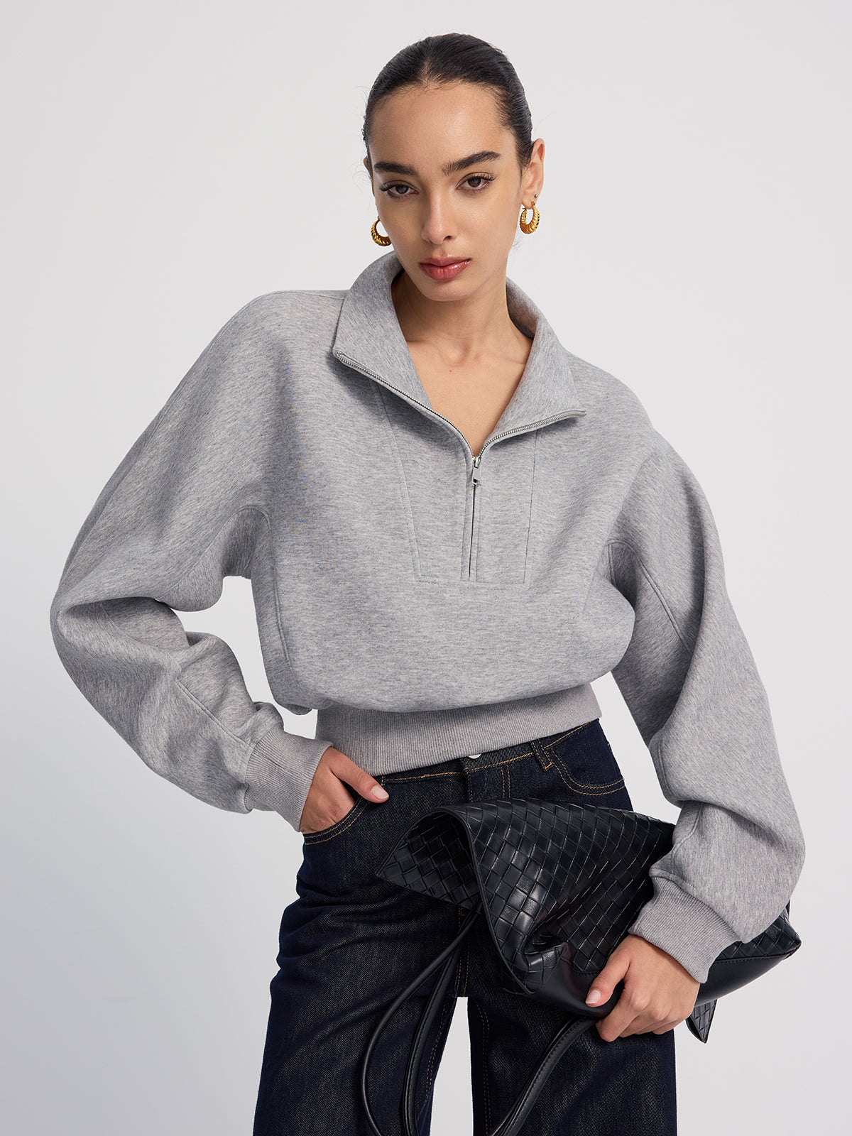 Half-Zip Oversized Cropped Sweatshirt-Chicvia