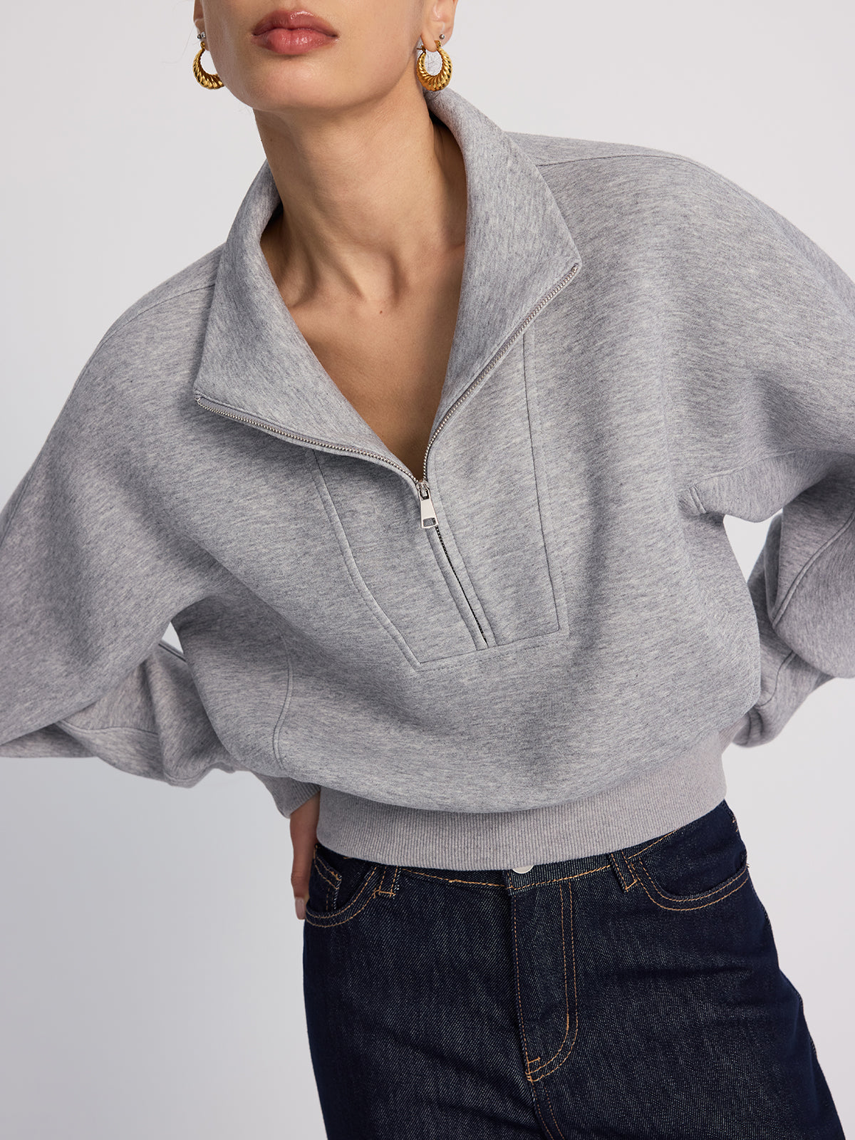 Half-Zip Oversized Cropped Sweatshirt-Chicvia
