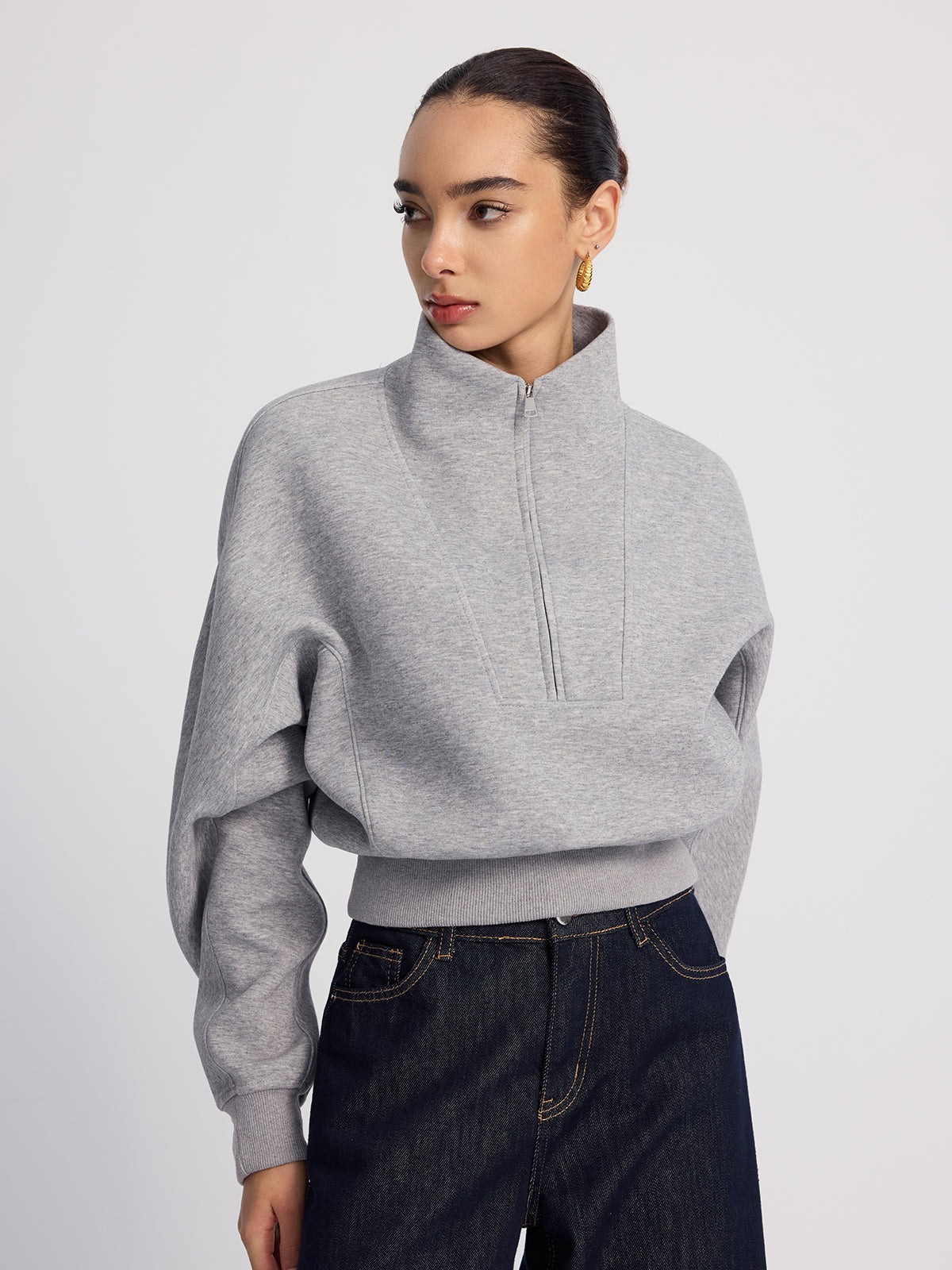 Half-Zip Oversized Cropped Sweatshirt-Chicvia