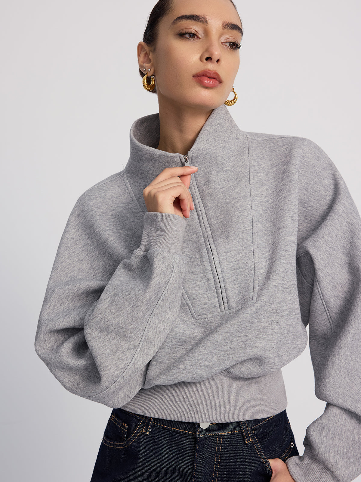 Half-Zip Oversized Cropped Sweatshirt-Chicvia