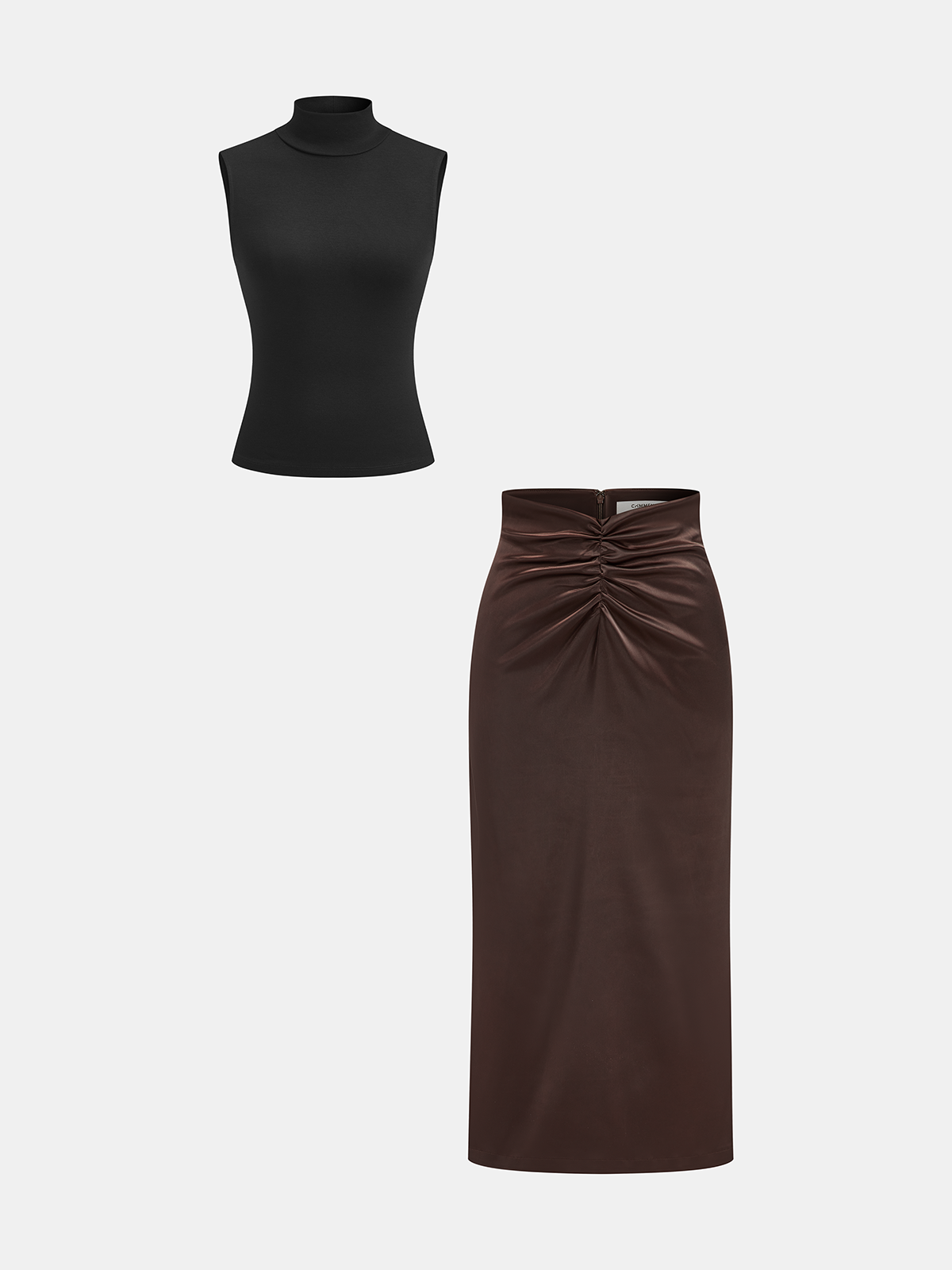 Mock Neck Top and Ruched Satin Skirt Set-Chicvia