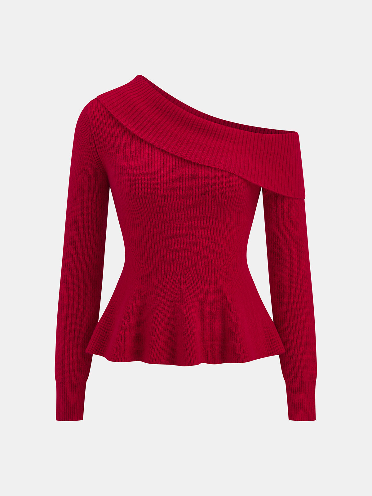 One-Shoulder Rib-Knit Peplum Sweater-Chicvia