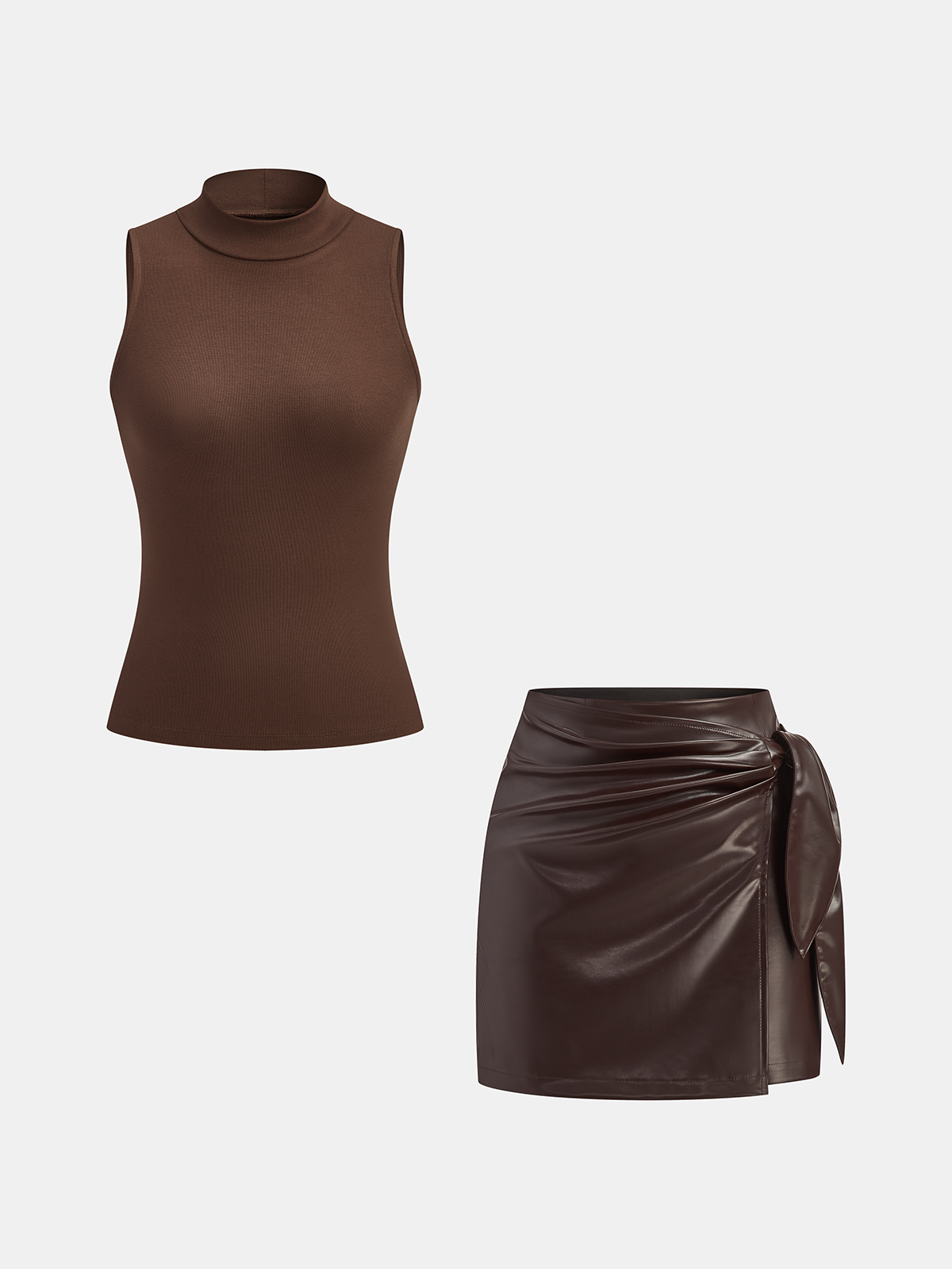 Mock Neck Top with Faux Leather Skirt Set-Chicvia