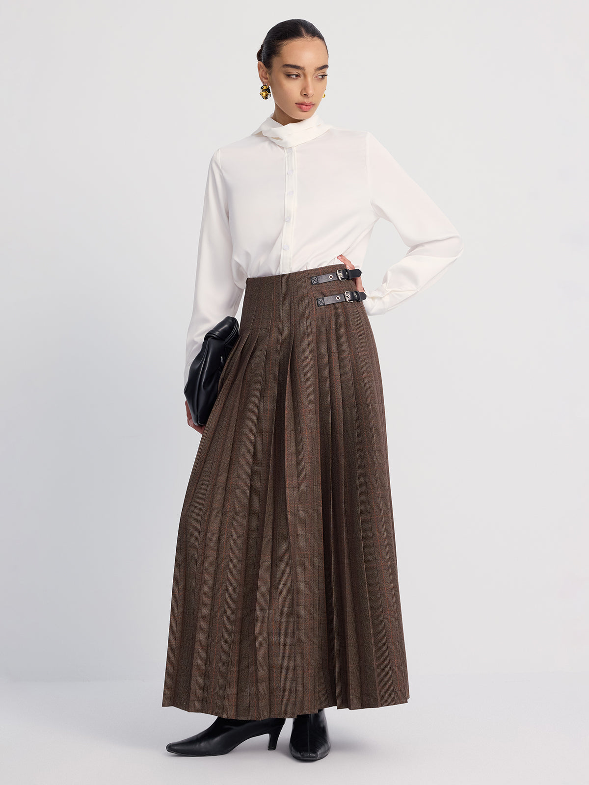 Leather-Buckle Pleated Plaid Maxi Skirt-Chicvia