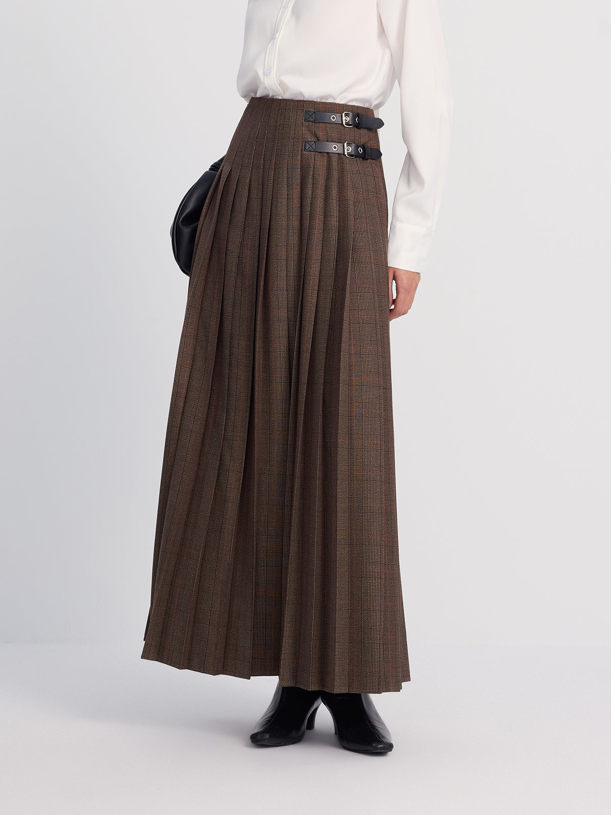 Leather-Buckle Pleated Plaid Maxi Skirt-Chicvia