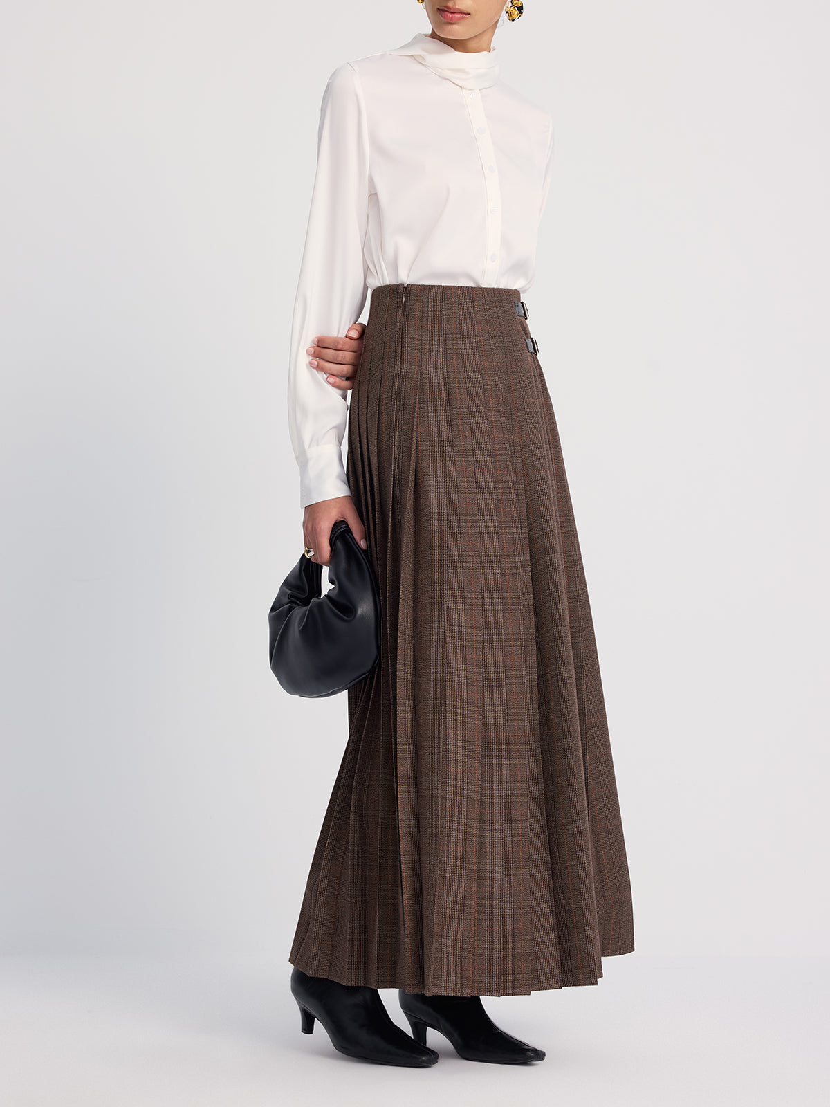Leather-Buckle Pleated Plaid Maxi Skirt-Chicvia